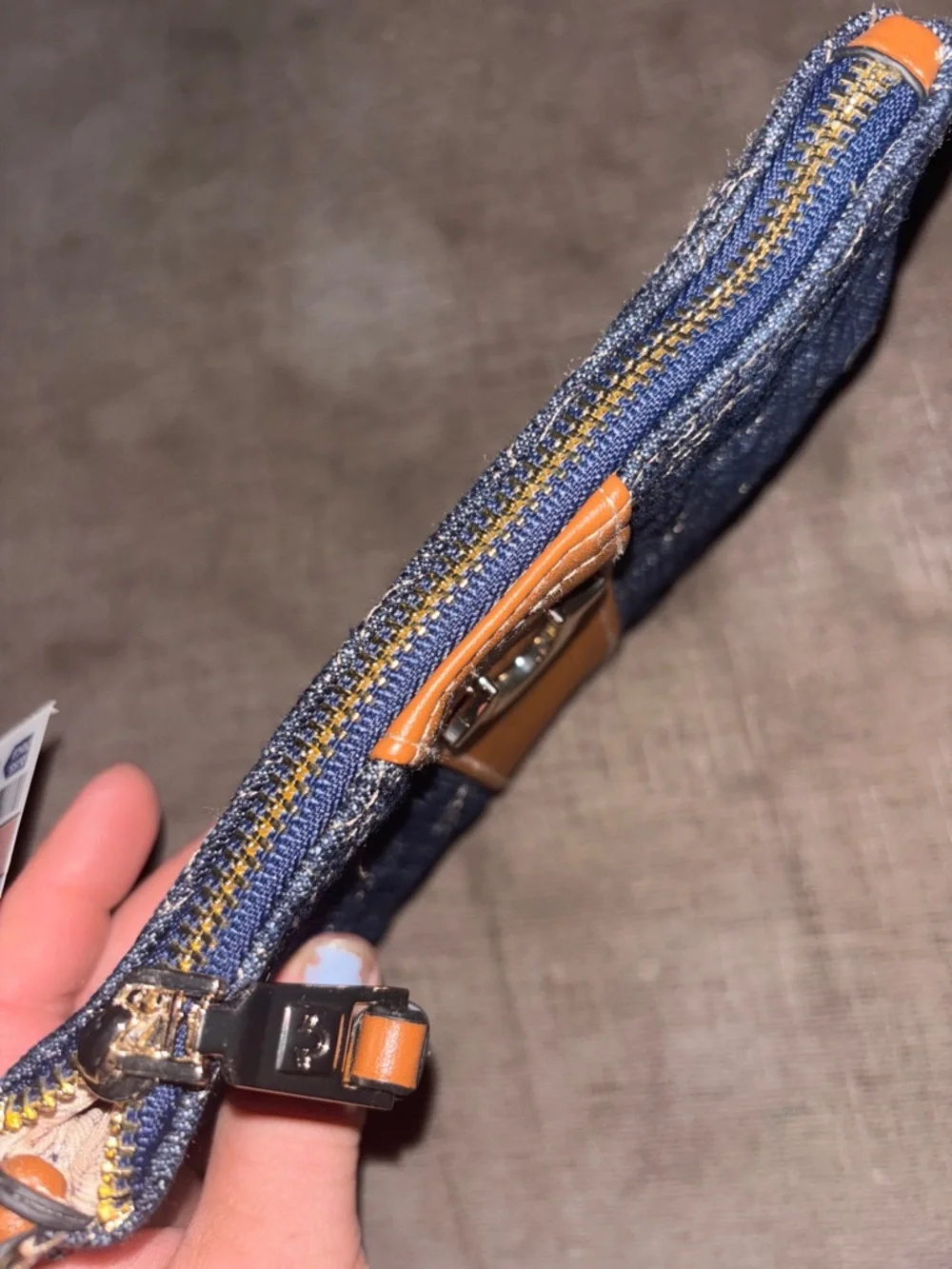True Religion Navy Denim and Tan Leather Wristlet